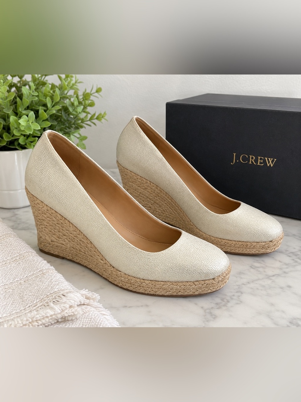 Elegant Metallic Cream Wedge Shoes J Crew